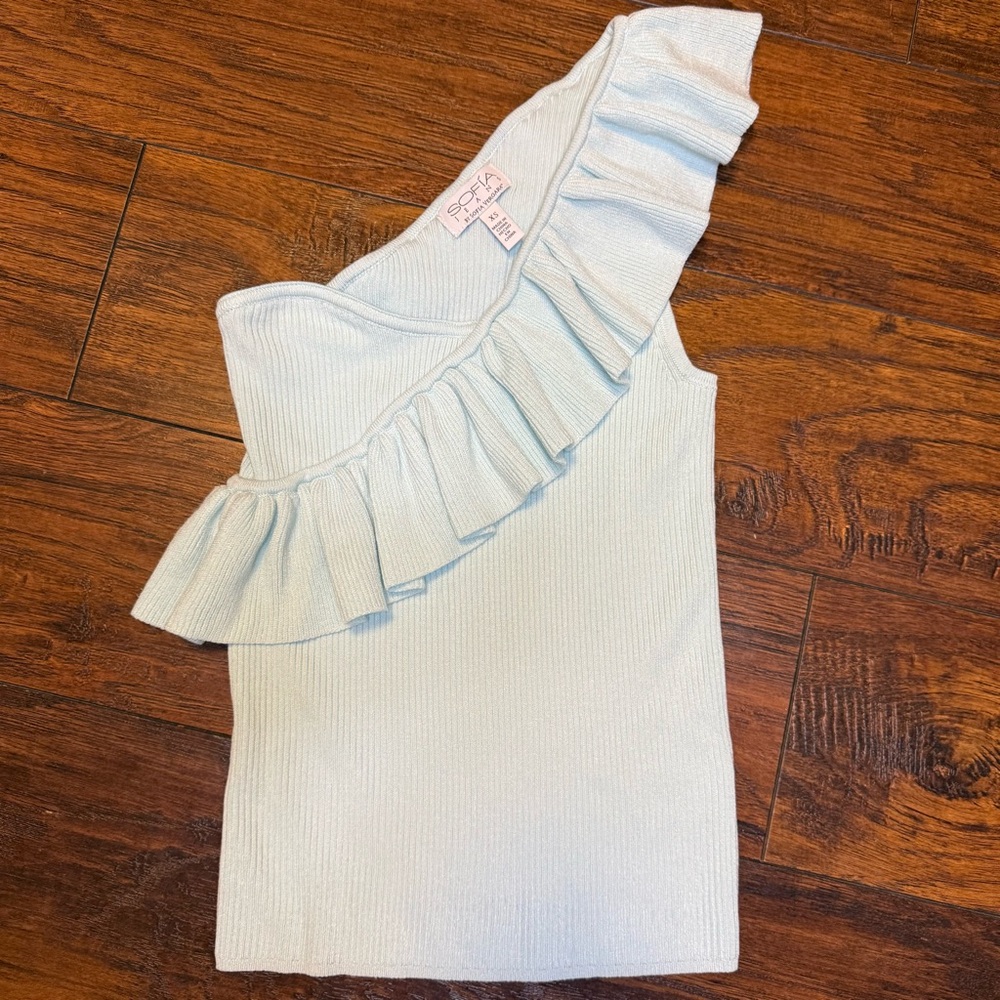 Sofia Vergara One Shoulder Ruffle Ribbed Knit Tank Top Pastel Soft Girl XS NWT